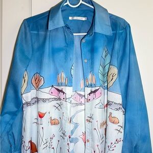 Ariya Blue Off-the-Shoulder Sweater with Artistic Design